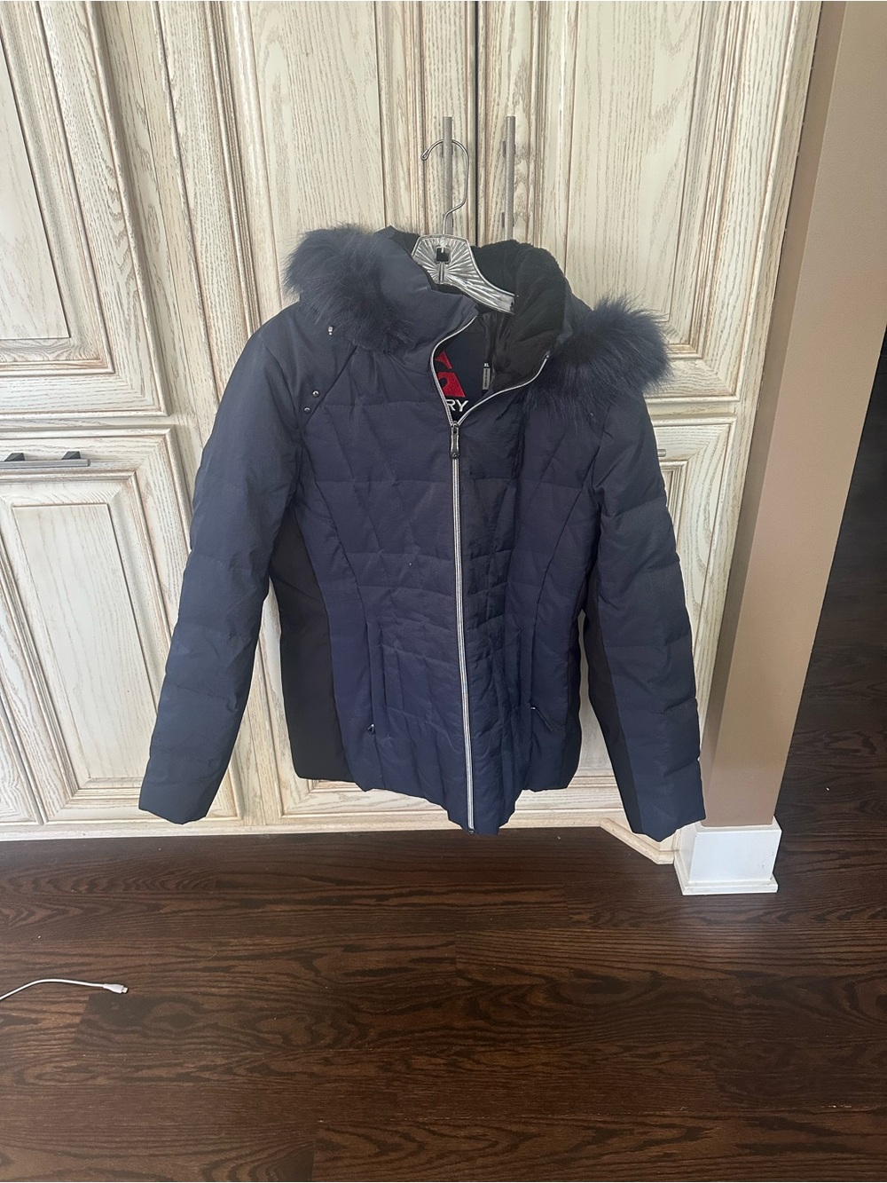 Gerry faux fur-trimmed navy puffer jacket with a removable hood.